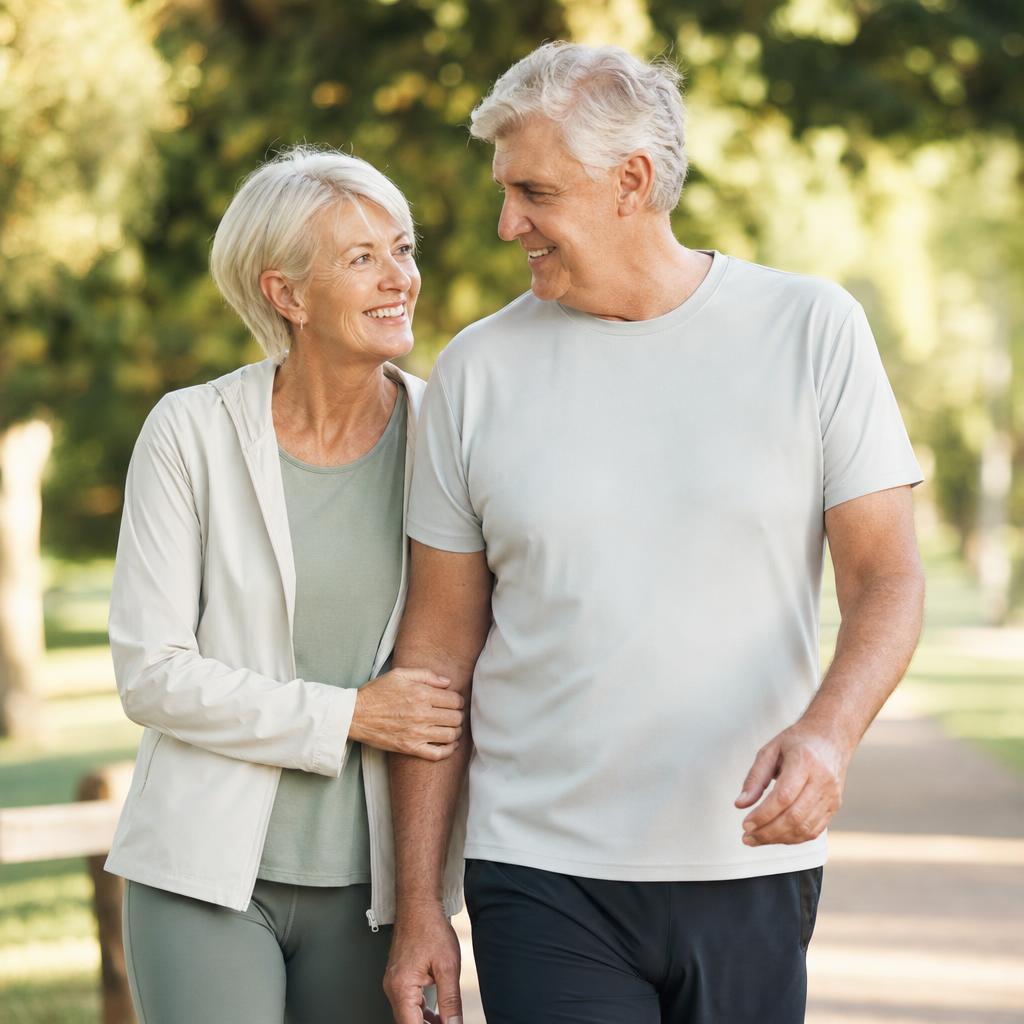 A smiling older couple walking arm-in-arm outdoors in warm sunlight — supportive imagery for aging well.