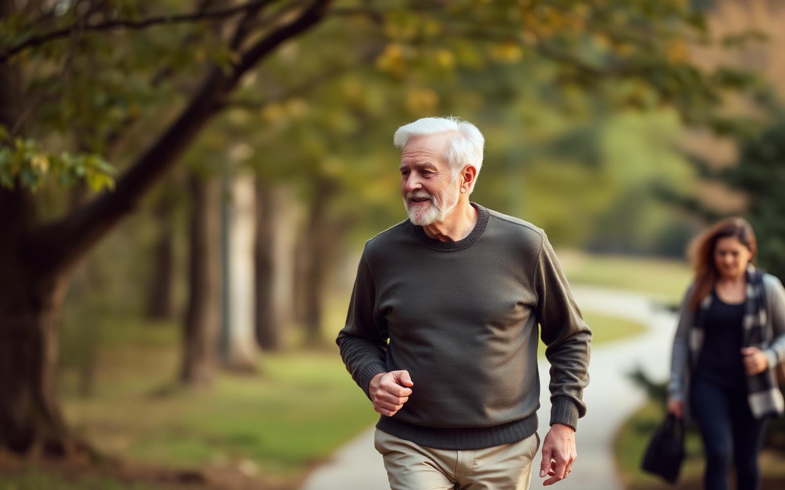 A healthy mature adult walking outdoors in soft natural light